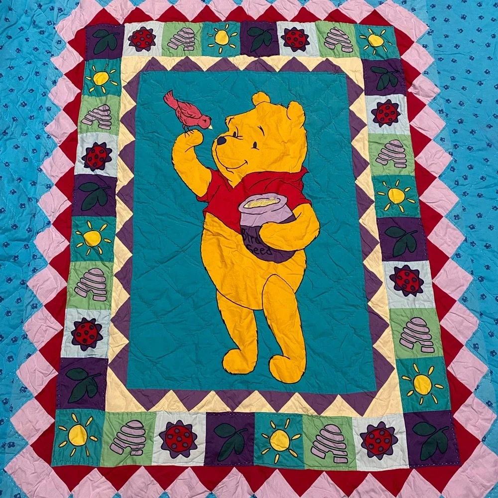 Vintage Disney Winnie The Pooh Blanket Patchwork Quilt Embroidered 90’s